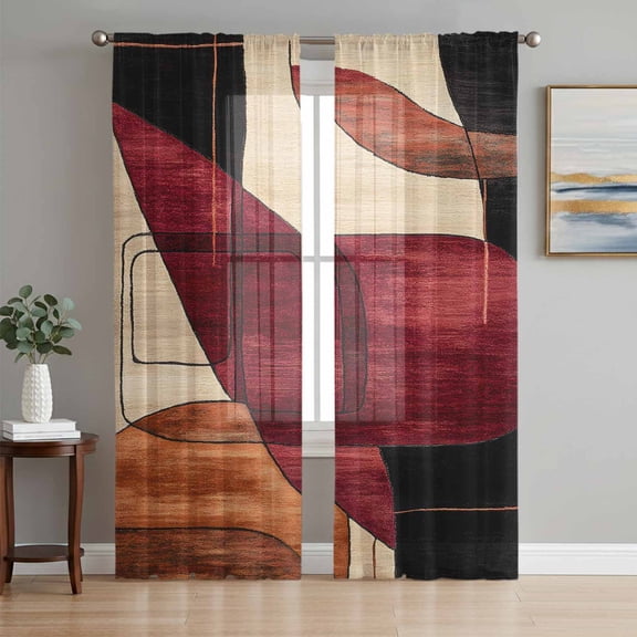 Red Burnt Orange Sheer Curtains 96 Inch Length 2 Panels Set, Geometric Boho Modern Abstract Voile Window Treatment Semi Sheer Long Curtains Drapes for Bedroom/Living Room/Kitchen 52"x96"x2