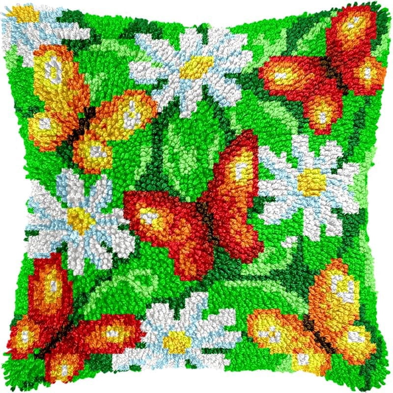 Red Butterflies & Daisies Latch Hook Pillow Kits Pillow Cover with Pattern Printed Canvas Crochet Cross Hooking Pillowcase Cushion Crafts Embroidery Latch Hooking Crochet Kits 17x17 inch(22)