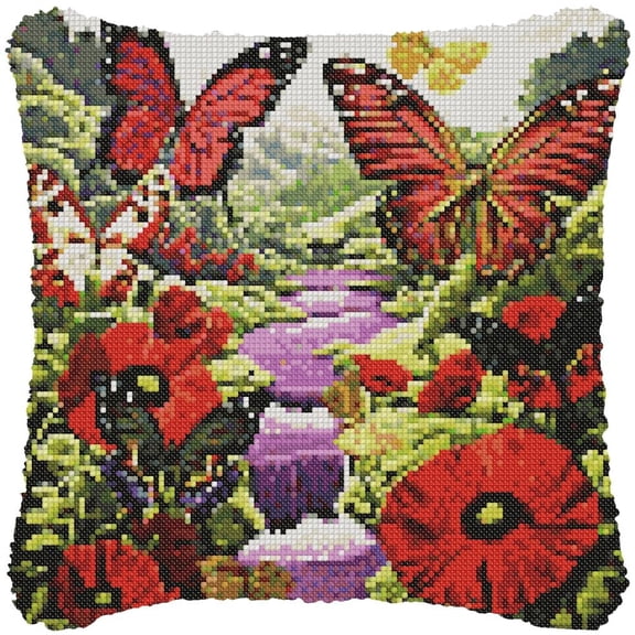 Red Butterflies in Garden Cross-Stitch Pillow DIY Kit Fully Openable Zipper Design Pillowcase 11CT Counted Needlepoint Handmade Cushion Pre-Printed Pattern Eco-friendly Cotton and Linen 45x45cm