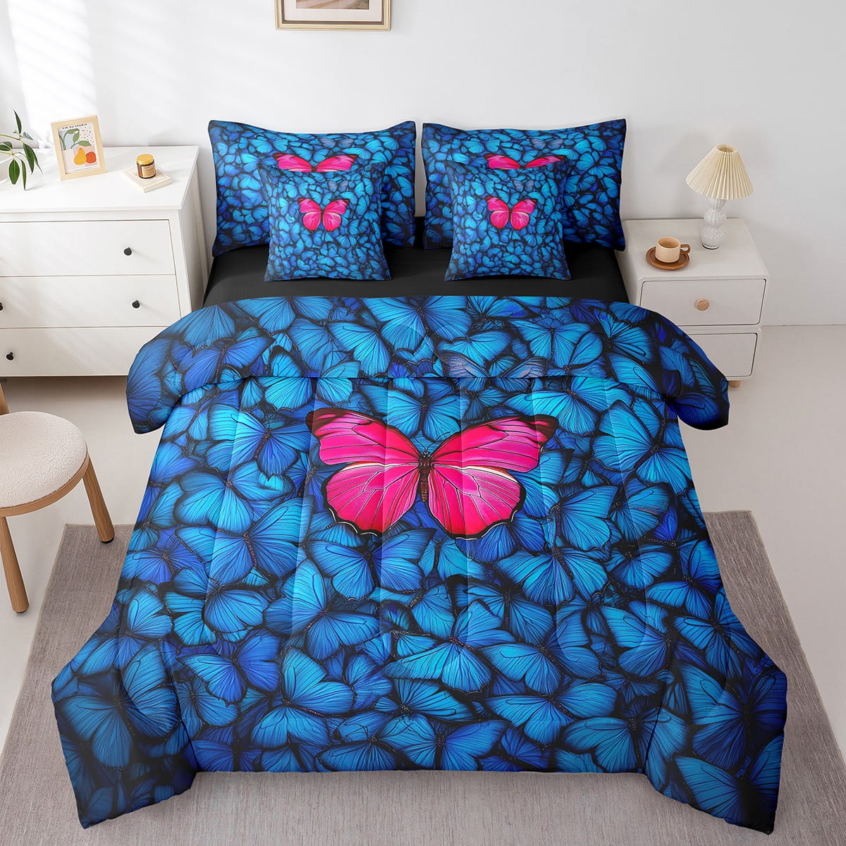 Red Butterfly Bed in a Bag Queen Comforter Set 7 Piece,Teal Blue