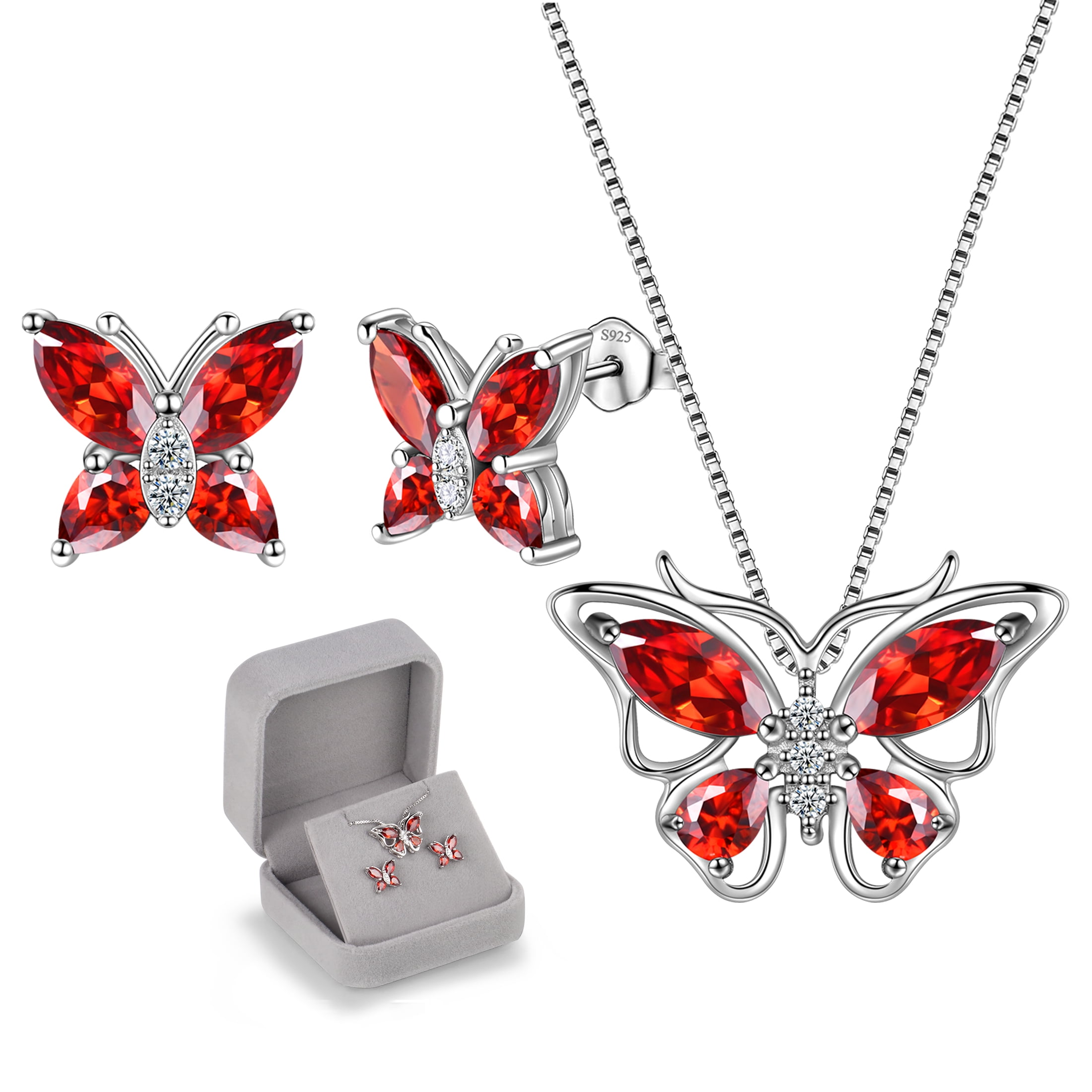 Red Butterfly Jewelry Garnet January Birthstone Jewelry Set Fine Necklace Earrings 925 Sterling Silver Women Birthday Mother's Day Gift