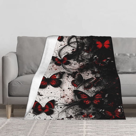 Red Butterfly Gothic Flannel Throw Blanket 280GSM Soft Warm Cozy Plush Fleece Blankets for Couch Sofa Bed Living Room Home Decor Accent Blanket for Kids Adults