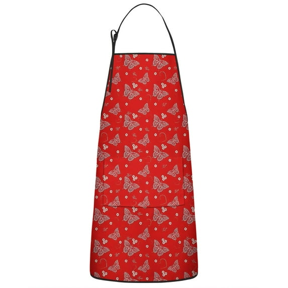 Red Butterfly Heart Flower Pattern Apron-Garden Aprons for Women with Pockets-Cotton Linen Waterproof Kitchen Cooking Gardening Aprons Adjustable for Kitchen,Cooking,BBQ and Salon 33x27 Inch
