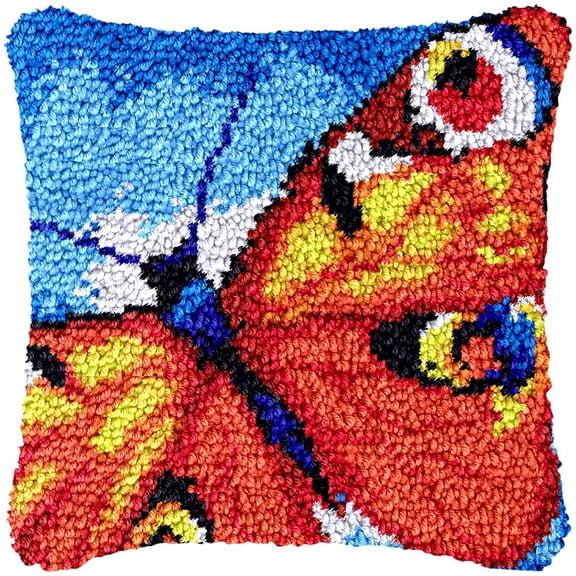 Red Butterfly Latch Hook Kits Pillow Cover DIY Rug Making Crochet Hook Cushion Making Kits with Preprinted Pattern Canvas DIY Needlework Crochet Kits Sofa Decor 43x43cm