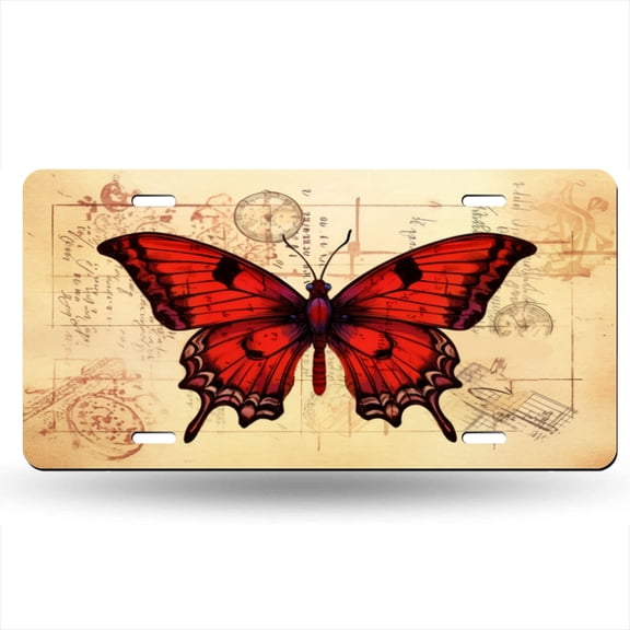 Red Butterfly On Vintage Maps Background Decorative Signboard, Decorative Metal Plate with 4 Holes, 6x12inch Artistic Plate Frame