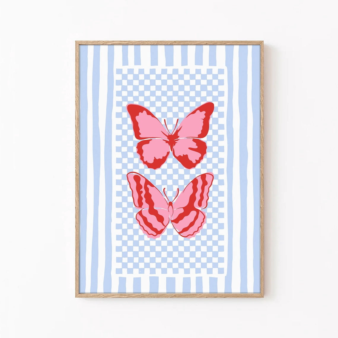 Red Light Printable Sign Red Butterfly Wall Art Print, Light Blue Striped Background, Preppy ...