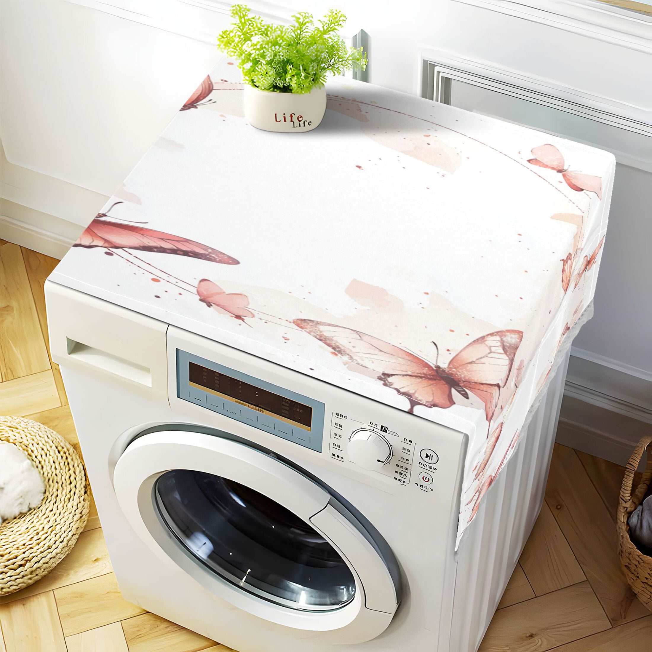 Red ButterflyWasher and Dryer Covers Dust-Proof and Oil Resistant Fridge Cover with 4 Storage Pockets Washing Machine Top Cover for Laundry Kitchen Home 51.2 x 22 In