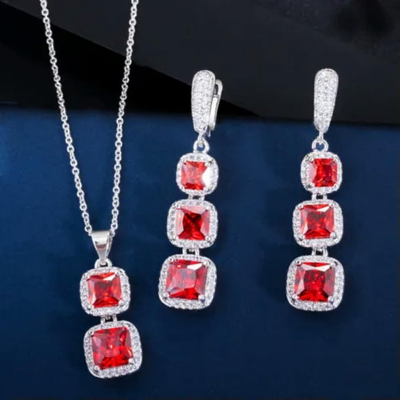 Red CZ Heart Tassel Drop Earrings Pendant Necklace Fashion Jewelry Set for Women