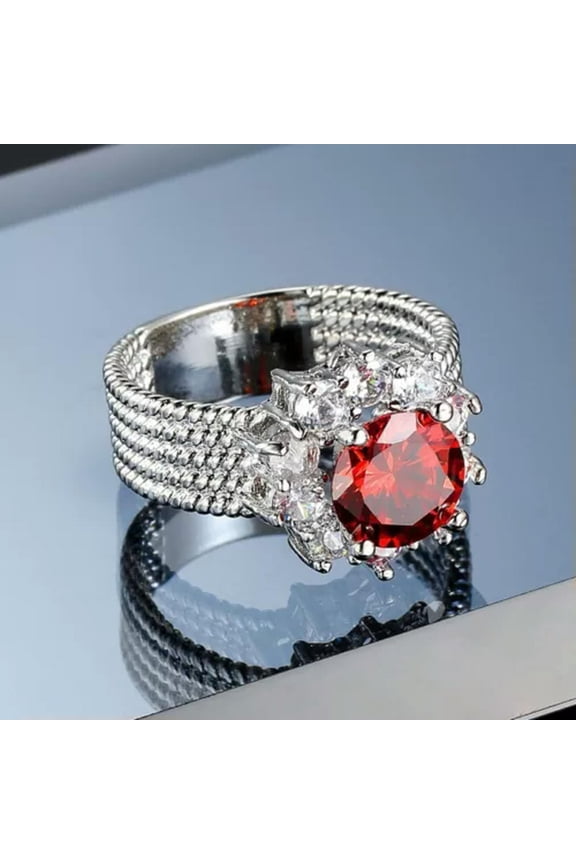 Red CZ Round Cut Flower Band AAA Cz Engagement Women's 925 Silver Ring Size 6-10