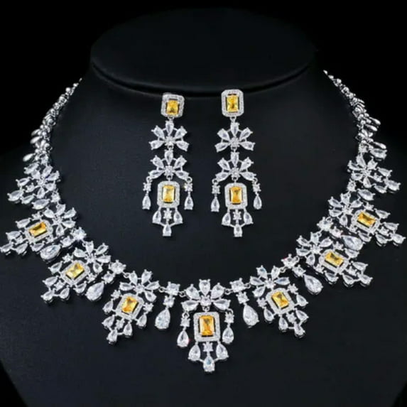 Red CZ Square Tassel Drop Necklace Earrings Set Bridal Pageant Wedding Jewelry