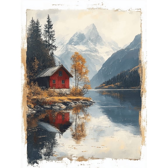 Red Cabin Lake House Canvas Wall ArtSuitable for Living RoomOfficeBathroomDining Room Decoration.
