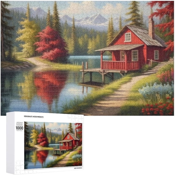 Red Cabin Puzzle Jigsaw Puzzle 1000 Pieces for Adults, 30.7"x20.8" Large Puzzle Holiday Lake House Landscape Decoration for Family Party Holiday - Each Piece is Unique