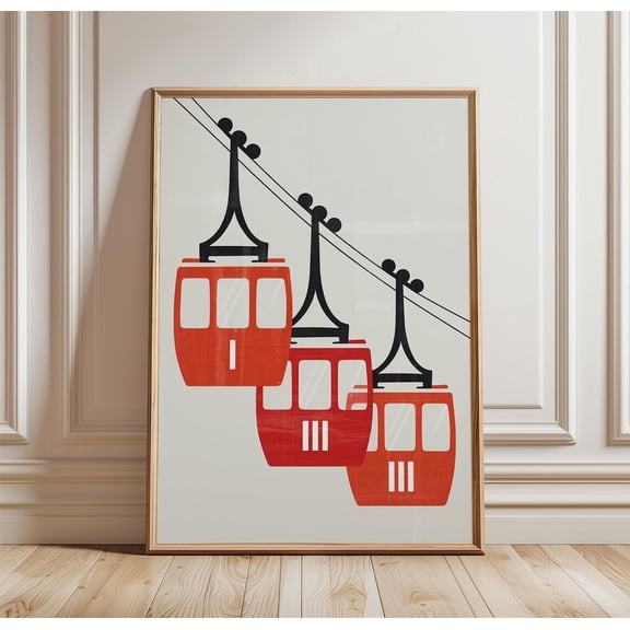 Red Cable Car Minimal Alpine Modern Ski Lift Wall Art Unframed Paper Print