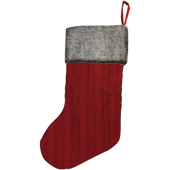 Red Cable Knit Christmas Stocking - 20" H, 8" W, Brown Faux Fur Boot Cuff