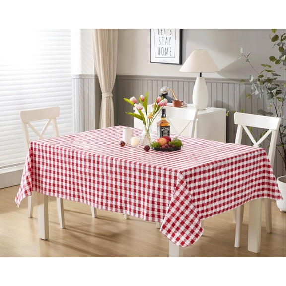 Red Café Bistro Tavern Check 52 x 70 inch Rectangle Vinyl Dining Tablecloth with Flannel Backing