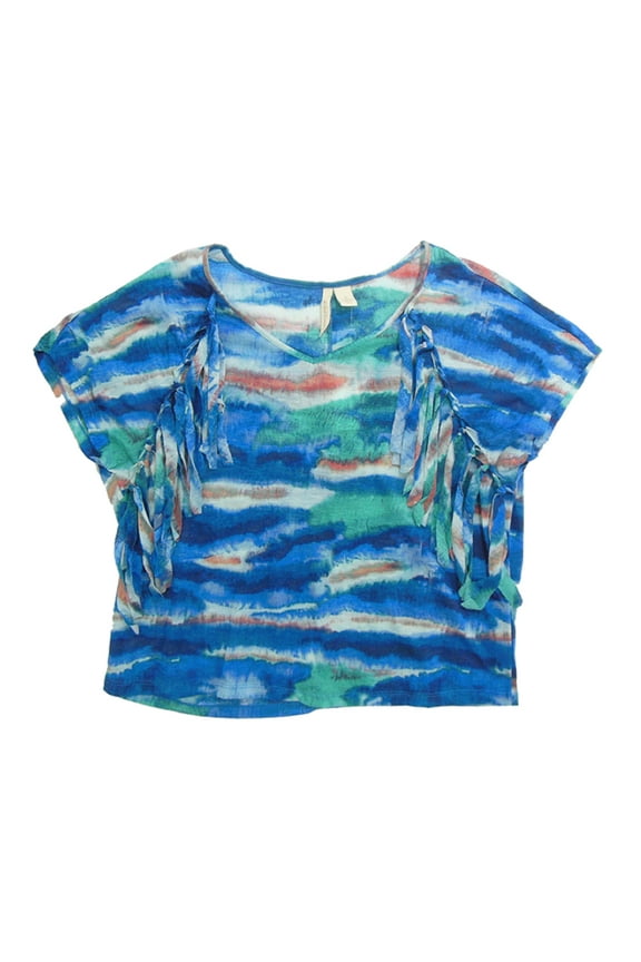 Junior Women's Blue Fringe Trim Printed Boxy Crop Top (Medium)