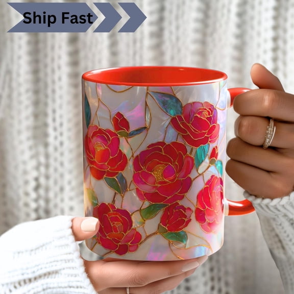 Red Camellia Flower Mug, Luminous Stained Glass Style, Iridescent Floral Coffee Cup