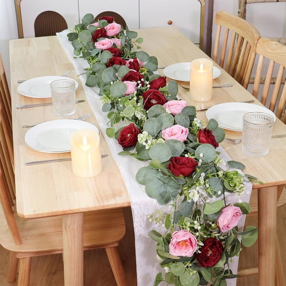 Red Camellia Garland 6FT, Artificial Flower Vine with Green Leaves for Wedding Arch Table Runner Spring Party Home Decor