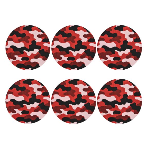Red Camouflage Leather Drink Coasters for Drinks (6 Pack) for Tabletop Protection Round Shape