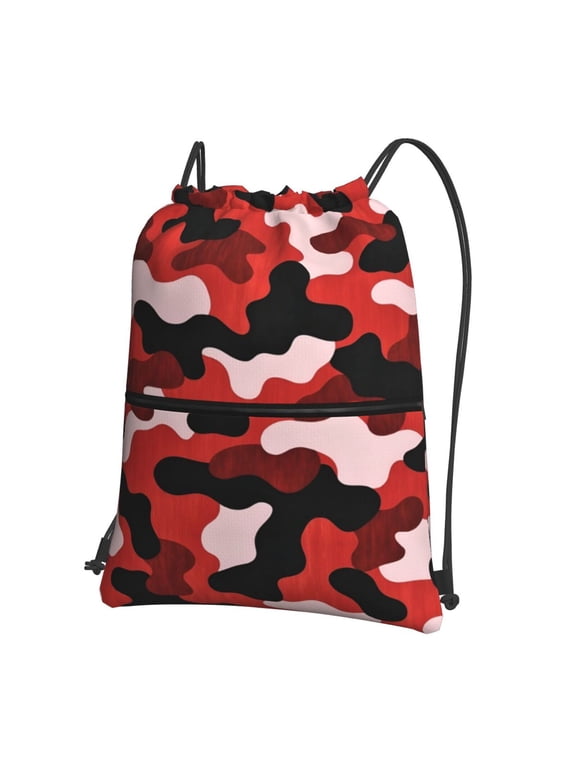 Red Camouflage Pattern Drawstring Backpack Water Resistant String Bag Sports Sackpack Gym Sack For Men Women