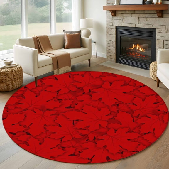 Red Canada Maple 6ft Round Rugs, Farmhouse Maple Leaves Abstract Art Washable Non-Slip Area Rugs for Living Room Bedroom Kitchen, Soft Low Pile Dining Room Kicthen Circle Carpet, Indoor Floor Rug