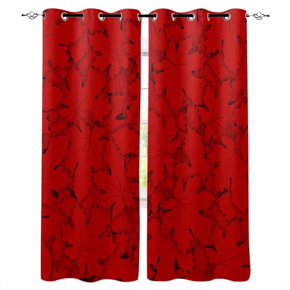 Red Canada Maple Blackout Curtains for Bedroom, Farmhouse Maple Leaves Abstract Art Thermal Insulated Kitchen Drapes with Grommets, Light Blocking Window Treatment, 2 Panels 52" x 84"