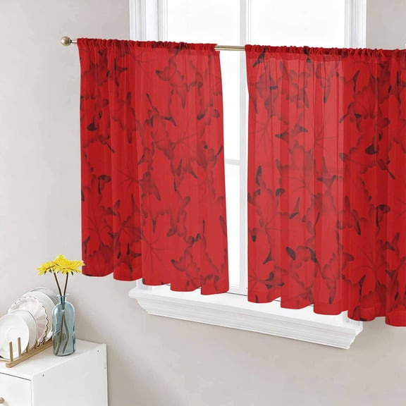 Red Canada Maple Sheer Curtains 45 Inch Length 2 Panels for Living Room, Farmhouse Maple Leaves Abstract Art Voile Kitchen Curtain Set, Luxury Privacy Drapes Window Treatment for Bedroom