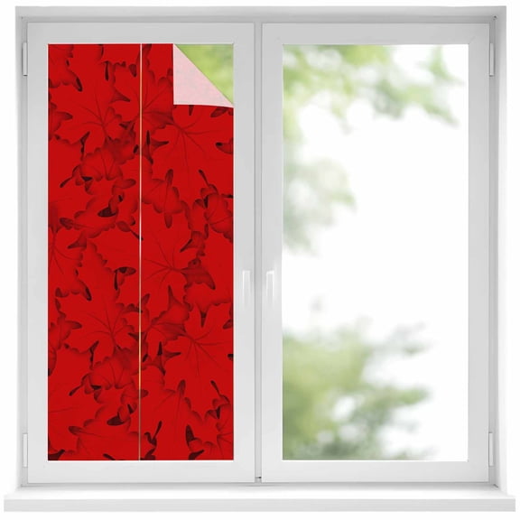 Red Canada Maple Window Privacy Film, Farmhouse Maple Leaves Abstract Art Static Cling UV Sun Blocking Heat Control Window Tint Day and Night, Non-Adhesive One Way Windows Privacy Cover 19.6''x39.3''