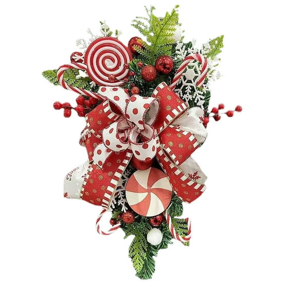 Red Candy Cane Christmas Wreath Artificial Garland with Pine Needles, Candy, and Snowflakes for Front Door Wall Hanging Holiday Xmas Decor