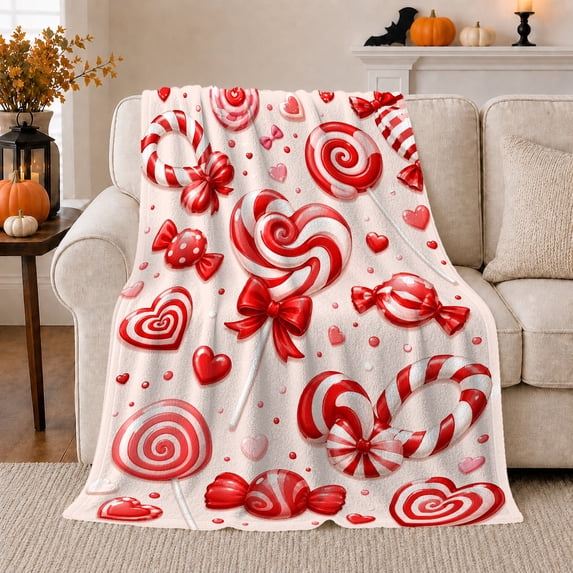Red Candy Cane Heart Lollipops in Glossy 3D Style for Sweet Treat Lovers, Festive Candy Pattern, Cozy Flannel Blanket for Bedroom and Living Room, Valentine's Day Gift, Whimsical Home Decor