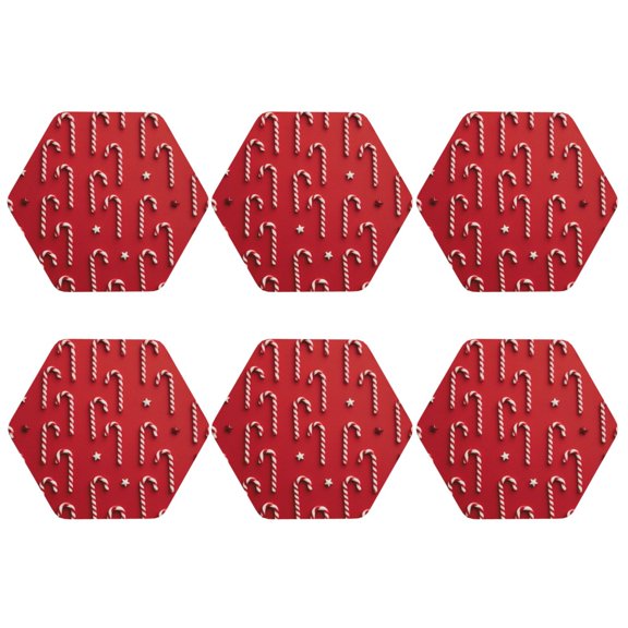 Red Candy Cane Set of 6 Faux Leather 4 Inch Coasters Drinks Tabletop Home Dinning Hexagon