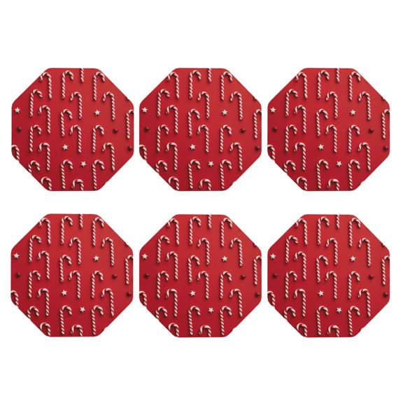 Red Candy Cane Set of 6 Faux Leather 4 Inch Coasters Drinks Tabletop Home Dinning Octagon