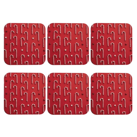 Red Candy Cane Set of 6 Faux Leather 4 Inch Coasters Drinks Tabletop Home Dinning Square