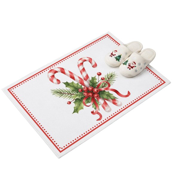 Red Candy Canes Entryway Rug 2'x3' Christmas Botanical Red Barries Green Holly Leaves Small Area Rug Non-Slip Front Door Mat Washable Floor for Front‑Door Area, Kitchen Sink Zone, Bathroom