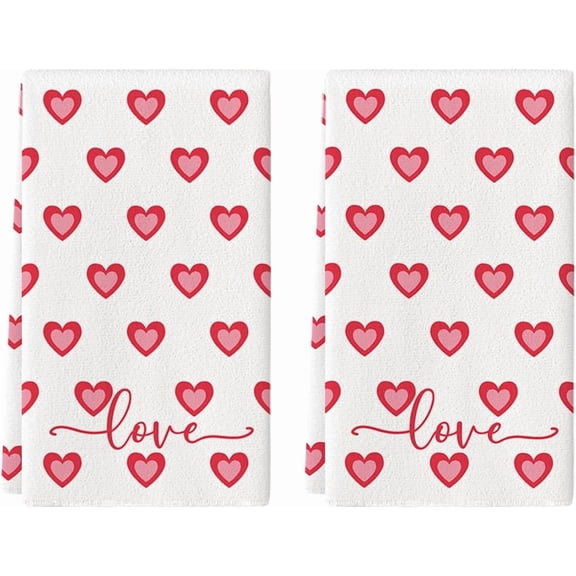 Red Candy Floss Love Heart Valentine's Kitchen Towels Dish Towels, 18x26 Inch Anniversary Wedding Decoration Cleaning Set of 2