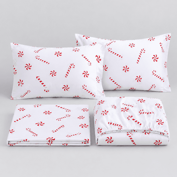 Red Candy Full Size Bed Sheet Christmas Theme Sheets Set, 4 Pieces