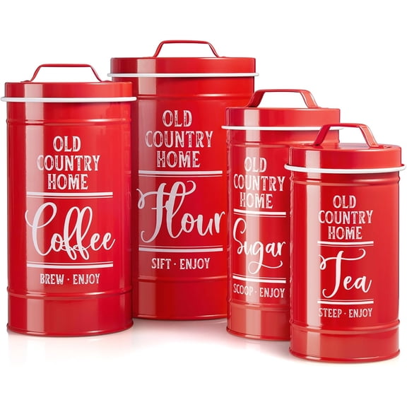 Red Canisters for Kitchen Counter, Airtight Kitchen Canisters for Countertop, Flour and Sugar Containers, Tea Coffee Sugar Canister Set, Red Kitchen Decor and Accessories, Set of 4