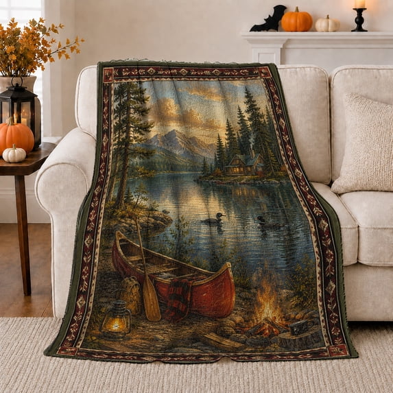 Red Canoe by Mountain Lake with Campfire and Lantern, Rustic Outdoor Nature Art for Cabin Lovers, Birthday Gift, Cozy Flannel Blanket for Cabin, Lodge Home Decor