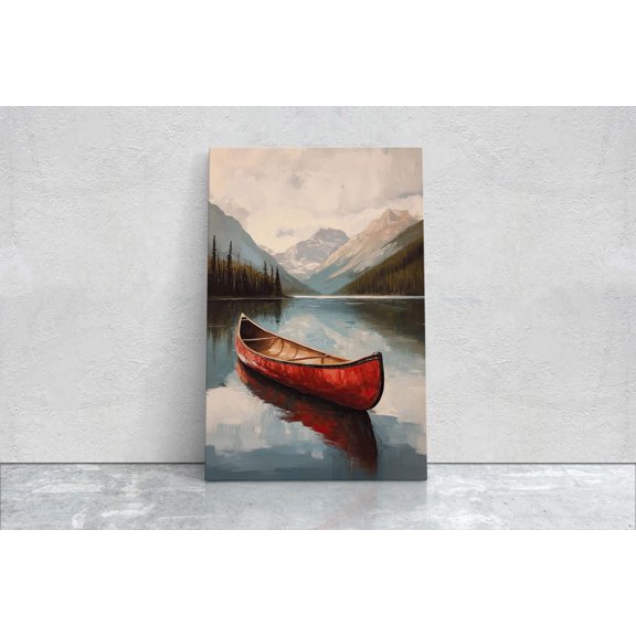 Red Canoe Mountain Lake Vacation Wall Decor Unframed Paper Print