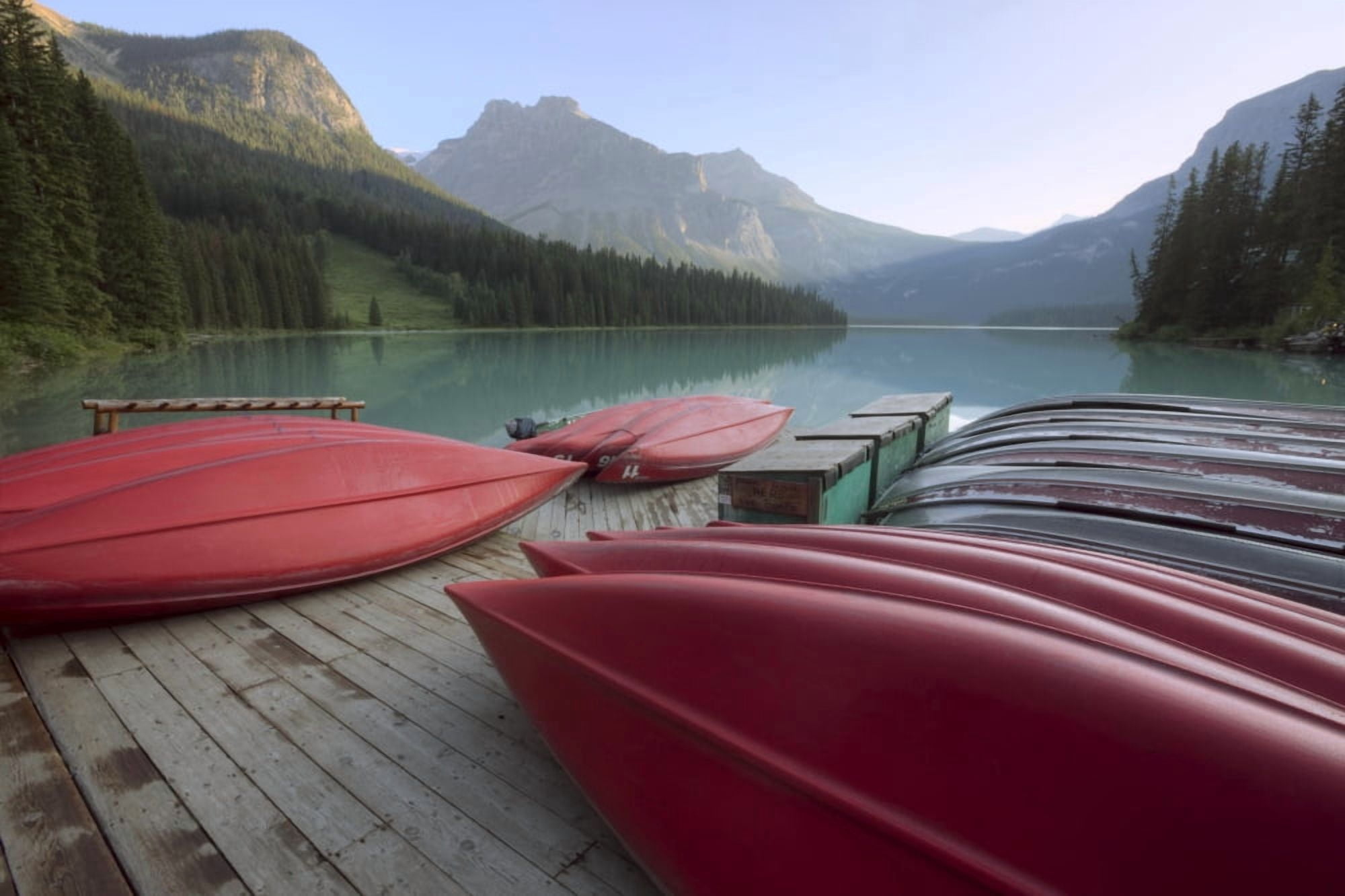 Red Canoes On A Dock Emerald Lake Yoho National Park British Columbia Canvas Art - Dan Jurak Design Pics (17 x 11)