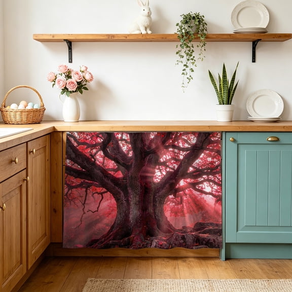 Red Canopy Cabinet Curtains 10" W x 11" L, Country Rustic Red Forest Tree Leaf Sunshine Landscape Under-Desk Privacy Dust Proof Drape Dishwasher Curtain Sink Skirt for Kitchen Closet Bathroom Laundry