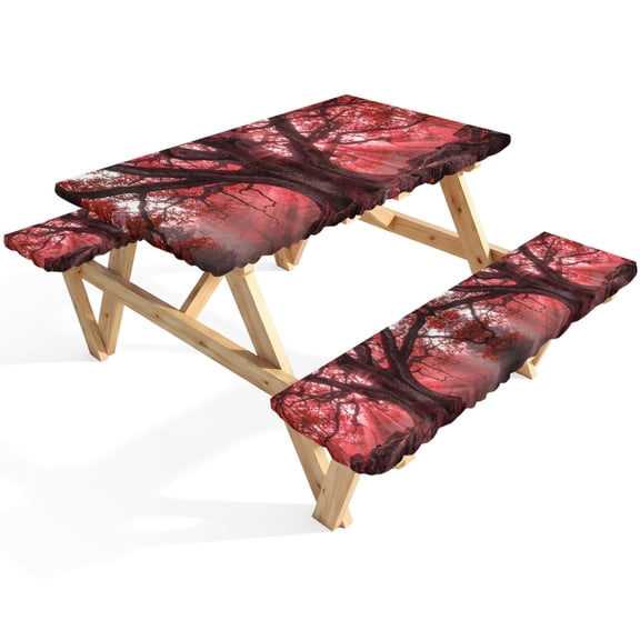 Red Canopy Picnic Table Cover with Bench Covers Country Rustic Red Forest Tree Leaf Sunshine Landscape Waterproof Fitted Picnic Tablecloth 3 Pieces Set Table Cloth for Outdoor Camping Garden BBQ