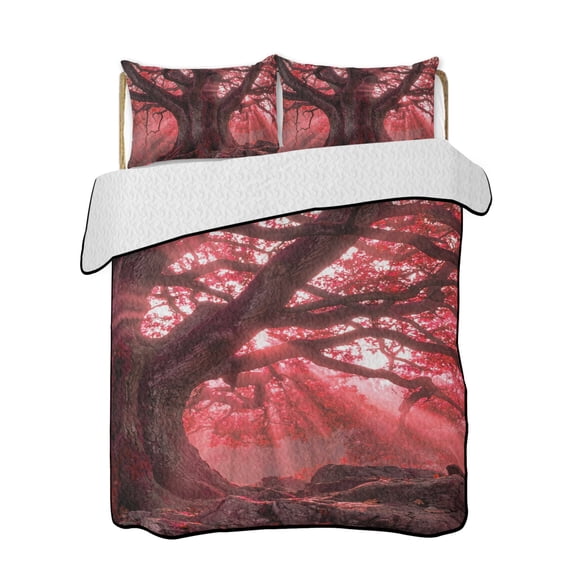 Red Canopy Quilts Bedding Set Twin Size Country Rustic Red Forest Tree Leaf Sunshine Landscape Lightweight Quilted Bedspread 3 Piece Bed Quilt with 2 Pillow Shams All Season for Bedroom 68" x 86"