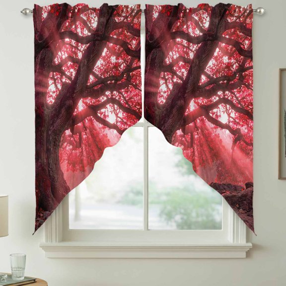 Red Canopy Swag Kitchen Curtain Valances, Country Rustic Red Forest Tree Leaf Sunshine Landscape Rod Pocket Curtains Window Treatment Decor Valances for Bedroom Bathroom, 2 Panels 36 x 36 Inch