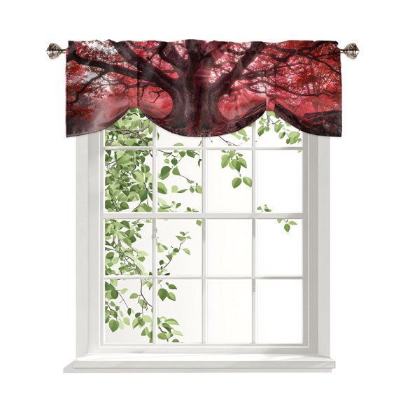 Red Canopy Tie Up Valances Curtain, Country Rustic Red Forest Tree Leaf Sunshine Landscape Adjustable Rod Pocket Window Treatment Short Tie Up Curtains Valances for Kitchen Bathroom 42x12 Inches