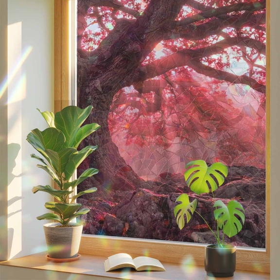Red Canopy Window Privacy Film, Country Rustic Red Forest Tree Leaf Sunshine Landscape Stained Glass Rainbow Film Decorative Window Clings, Static Cling Sun Blocking Stickers 23.6" x 59"