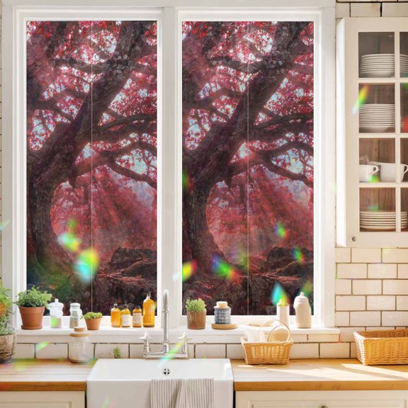 Red Canopy Window Privacy Film Country Rustic Red Forest Tree Leaf Sunshine Landscape Static Cling Stained Glass Window Film Non-Adhesive Decorative Decals Rainbow Sticker 17.7"X39.3"