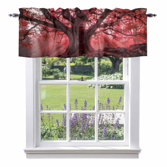 Red Canopy Window Valance for Kitchen, Country Rustic Red Forest Tree Leaf Sunshine Landscape Rod Pocket Short Curtains for Bathroom Bedroom Window, Light Filtering Decorative Valances, 42x12 Inch