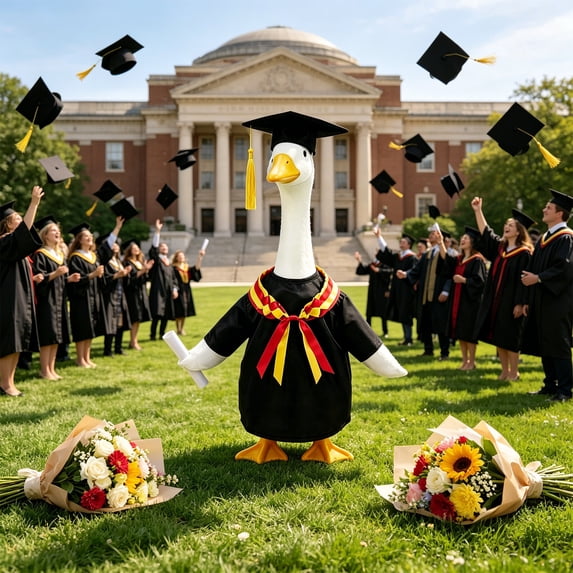 Red Cap and Gown Porch Goose Outfit with Gold Cord and Photo Clip, Red
