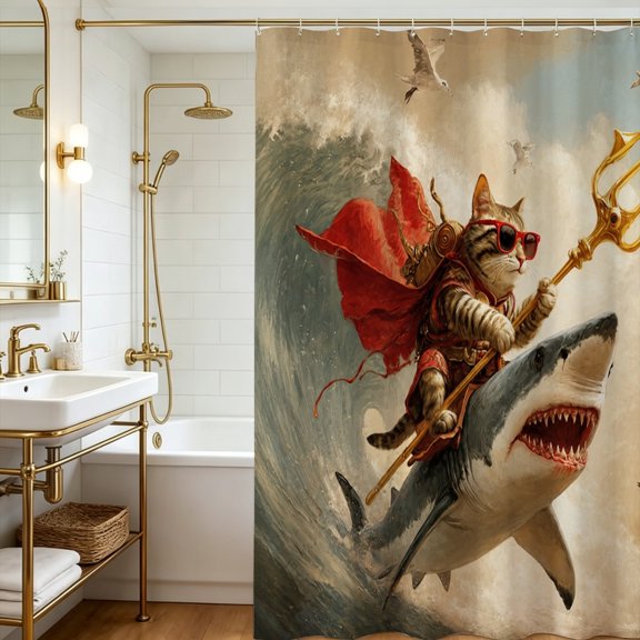 Red Cape Cool Cat Riding Shark Funky 2D Shower Curtain, Unique Festival Bathroom Space Partition Decor, Thanksgiving Christmas Gift